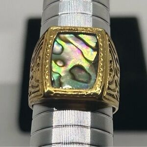 Bold Men's Signet Ring – Gold Stainless Steel with Abalone Shell Inlay Size 12